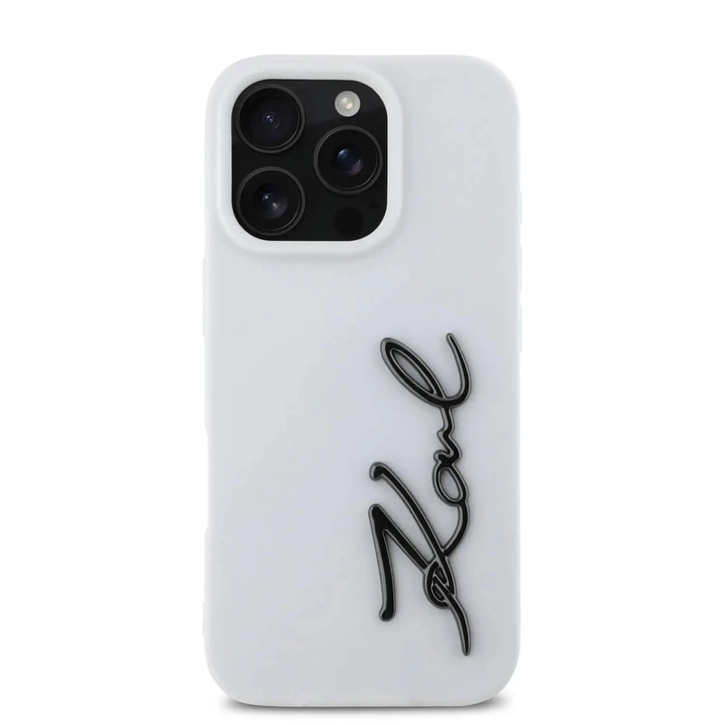 karllagerfeld-metal-signature-white-case-iphone16promax-front کاور کارل لاگرفلد مدل SILICONE METAL SIGNATURE مناسب برای گوشی موبایل آیفون 16 پرومکس - Image 1